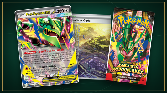 Mega-Rayquaza-ex, Legendaerer Gipfel und Delta-Herrschaft Boosterpack auf smaragdgruenem Sturmfeld