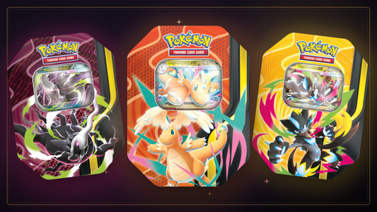 Mega-Kräfte Tin-Boxen: Mega-Darkrai-ex, Mega-Dragoran-ex und Mega-Zeraora-ex auf dunklem Energie-Hintergrund