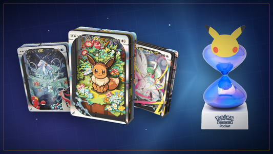 Pokémon TCG Pocket Merchandise 2026: 3D-Immersionskarten von Evoli-ex, Suicune-ex und Mega-Guardevoir-ex neben der LED-Pack-Sanduhr