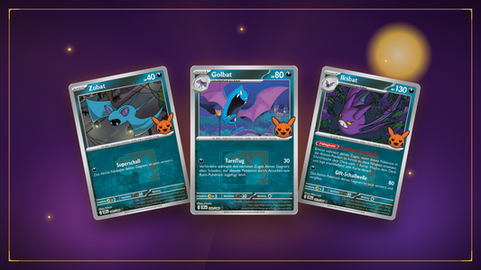 Pokéween 2026 Promokarten Zubat, Golbat und Iksbat auf lila-orangem Halloween-Hintergrund