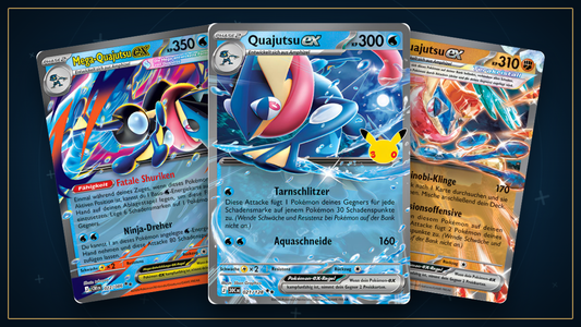 Mega-Quajutsu-ex, Quajutsu-ex und Terakristall-Quajutsu-ex auf tiefblauem Wasserfeld